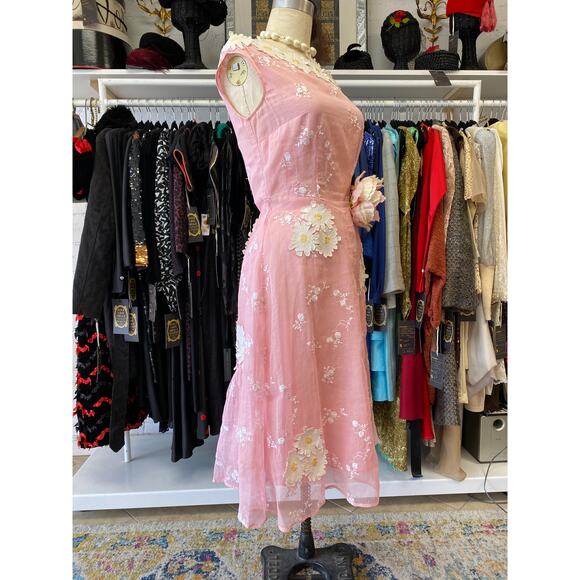 Vintage style pink organza dress applique daisies easter spring wedding s/m 28 - Picture 5 of 12